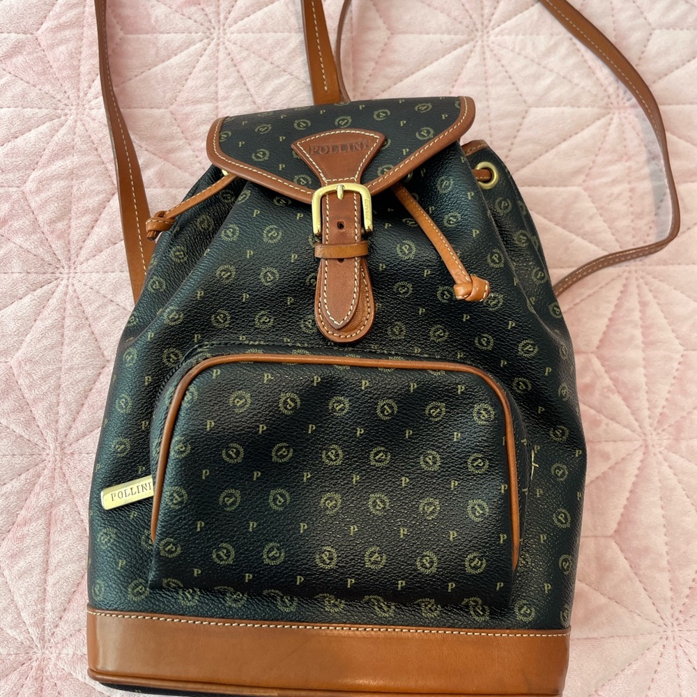 Pollini Black Canvas Backpack with Brown Leather Trim